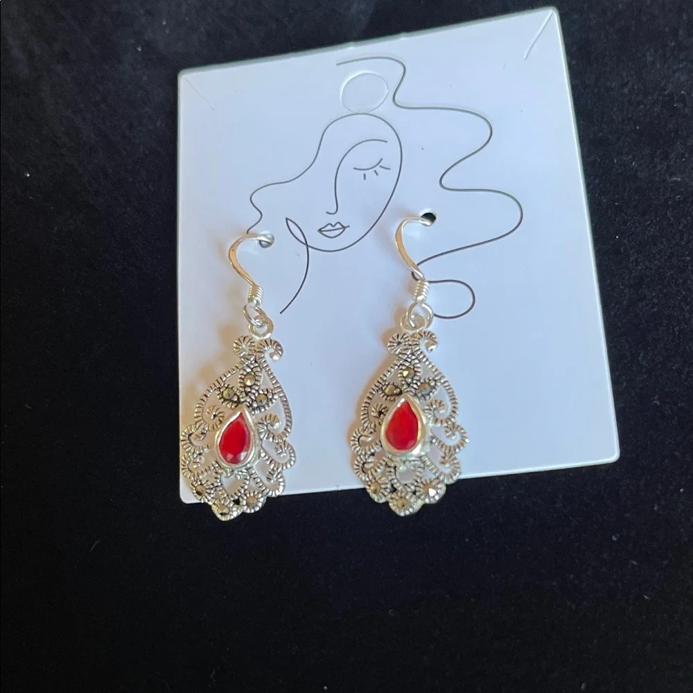 Silver Filigree Teardrop Earrings with Red Accent - Picture 1 of 4